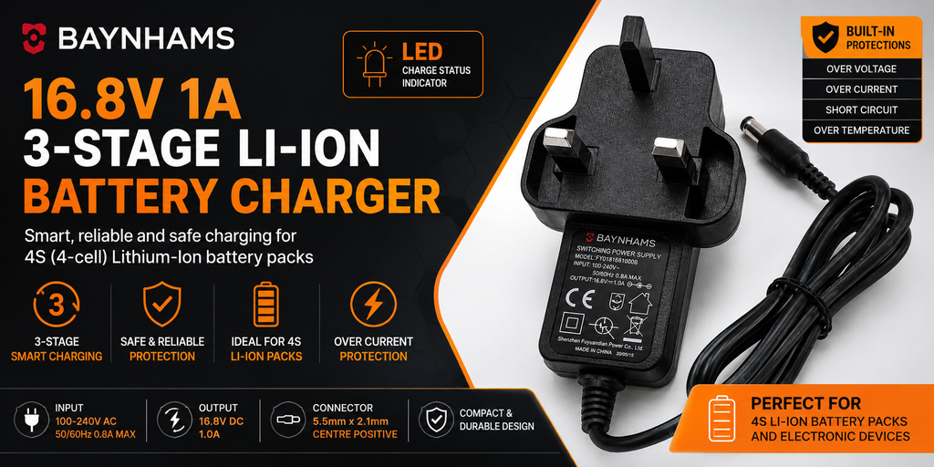 BAYNHAMS 16.8V 1A 3-Stage Li-Ion Battery Charger FY0181681000B UK Plug