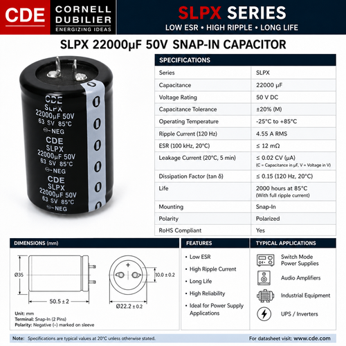 Cornell Dubilier SLPX 22000uF 50V Snap-In Capacitor Low ESR High Ripple PSU Audio Grade